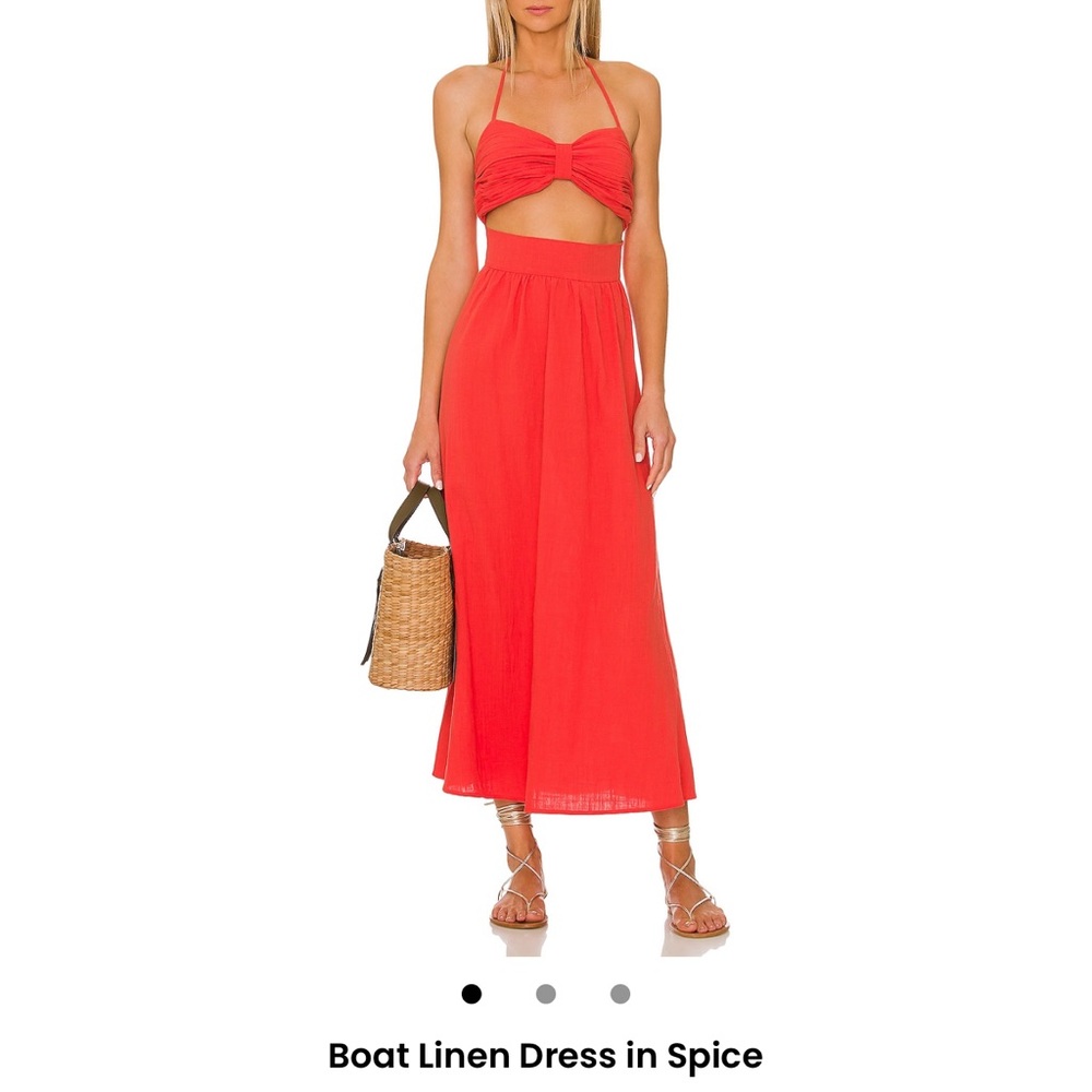 Red coral SNDYS Halter cut out short dress revolve boat linen spice